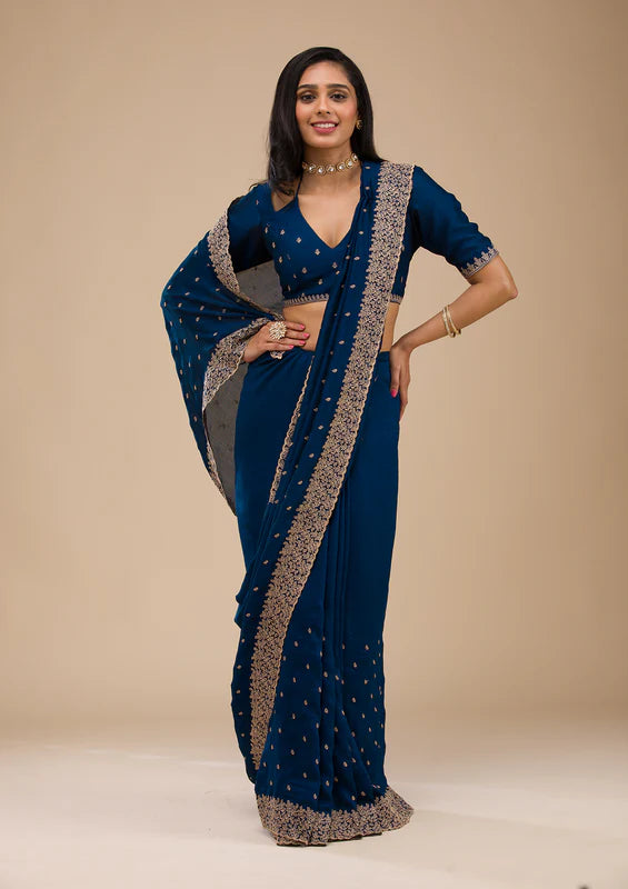 Navy Blue Soft Raw Silk Gold Zariwork Saree With Matching Blouse Piece