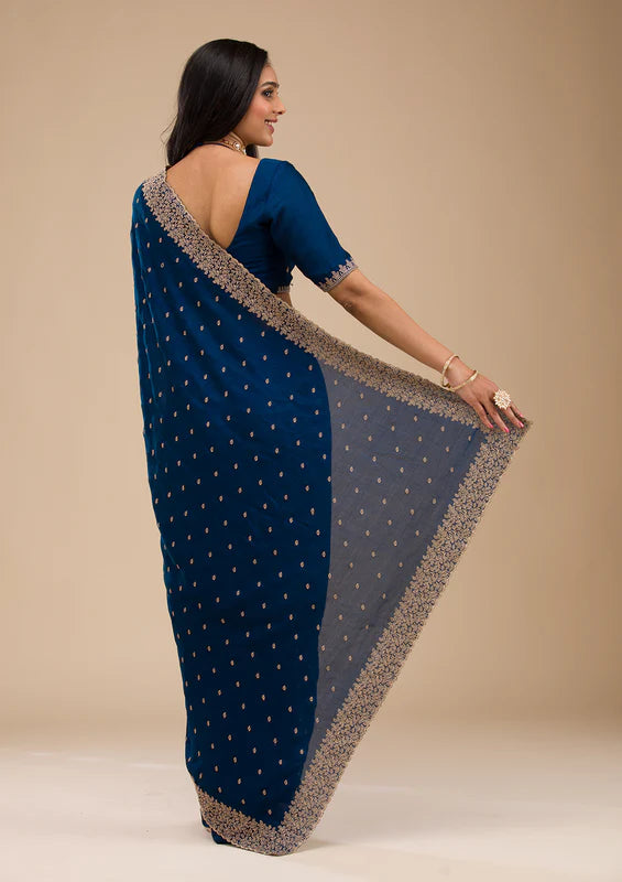 Navy Blue Soft Raw Silk Gold Zariwork Saree With Matching Blouse Piece