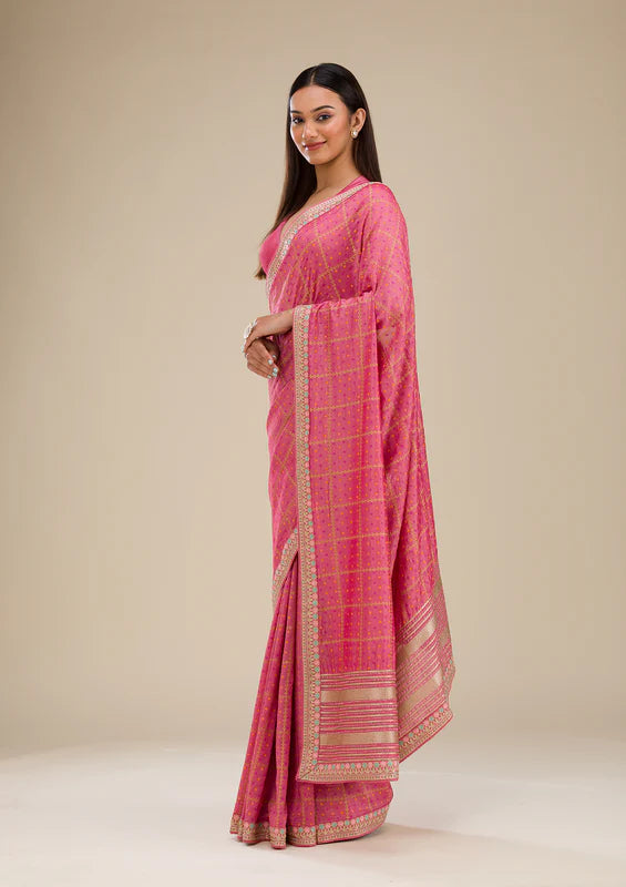 Pink Soft Raw Silk Gold Zariwork Saree With Matching Blouse Piece