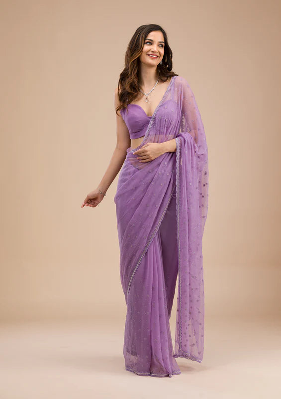 Lavender Chiffon Threadwork Saree With Matching Blouse Piece