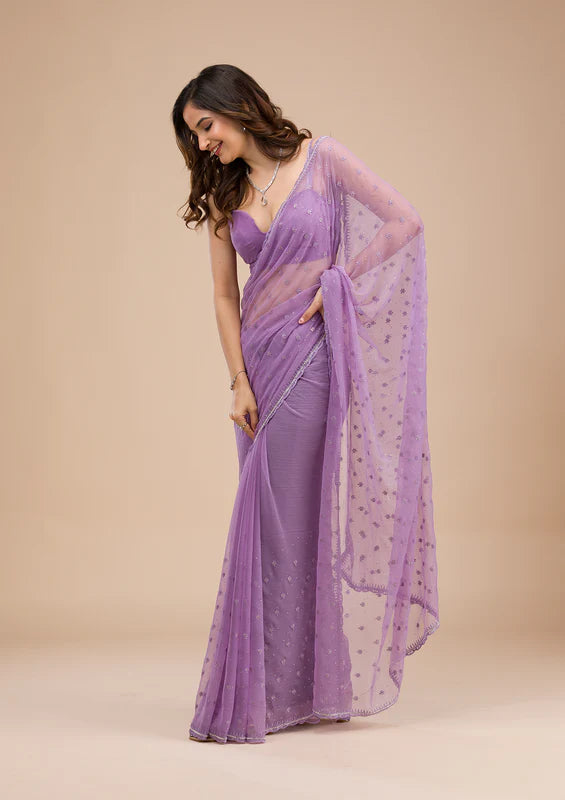 Lavender Chiffon Threadwork Saree With Matching Blouse Piece