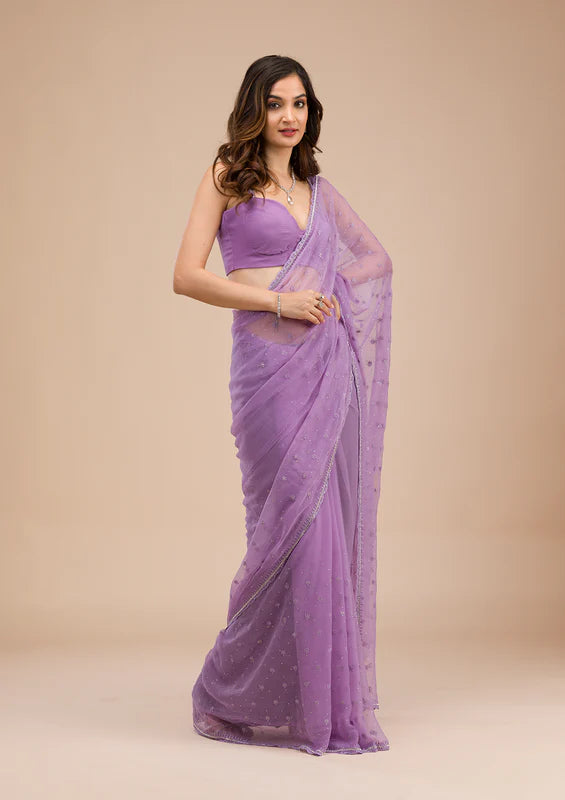 Lavender Chiffon Threadwork Saree With Matching Blouse Piece
