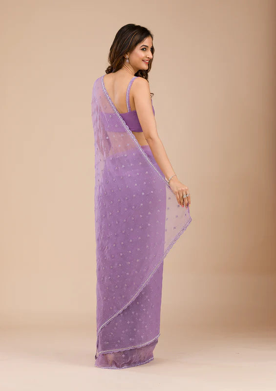 Lavender Chiffon Threadwork Saree With Matching Blouse Piece