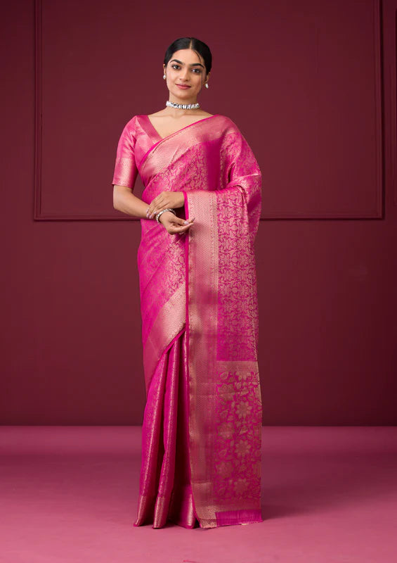 Rani Pink Silk Jaal Gold Zariwork Saree With Matching Blouse Piece