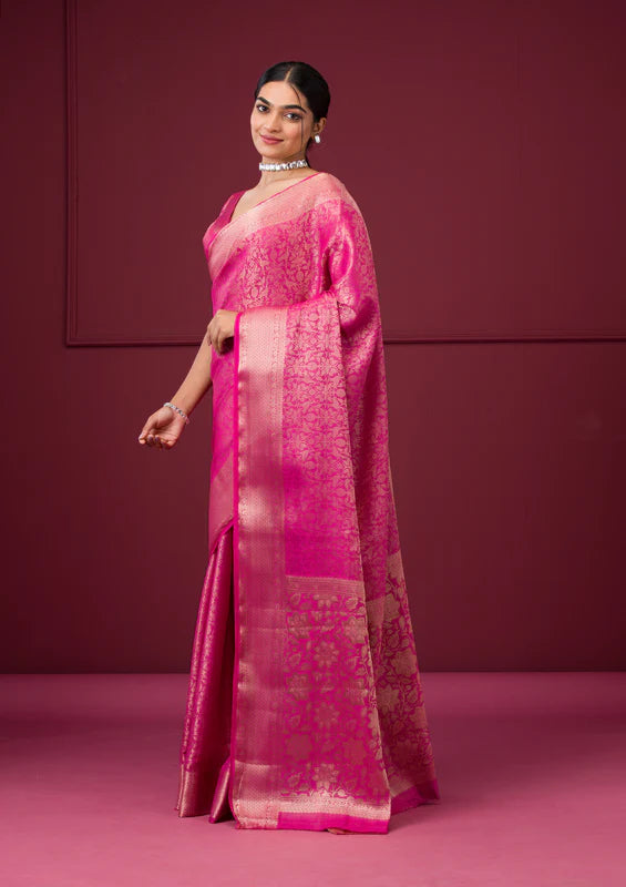 Rani Pink Silk Jaal Gold Zariwork Saree With Matching Blouse Piece