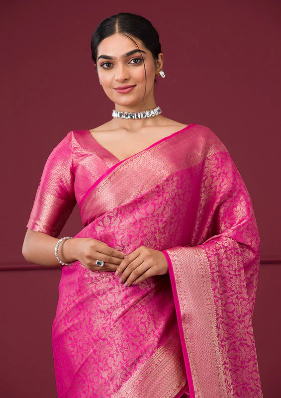 Rani Pink Silk Jaal Gold Zariwork Saree With Matching Blouse Piece