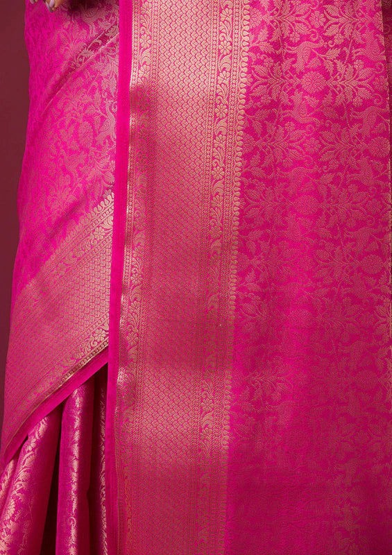 Rani Pink Silk Jaal Gold Zariwork Saree With Matching Blouse Piece