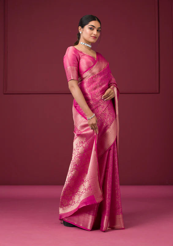 Rani Pink Silk Jaal Gold Zariwork Saree With Matching Blouse Piece
