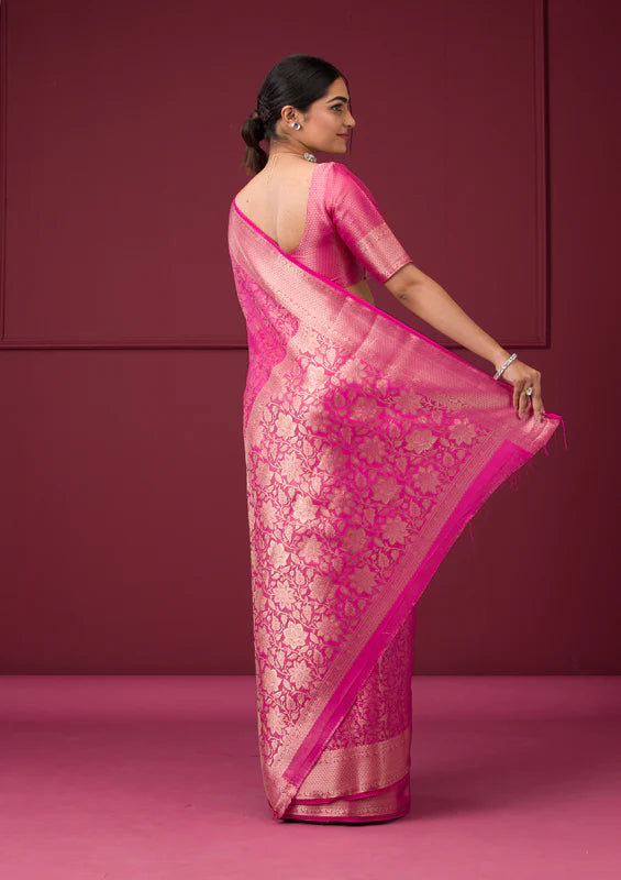 Rani Pink Silk Jaal Gold Zariwork Saree With Matching Blouse Piece