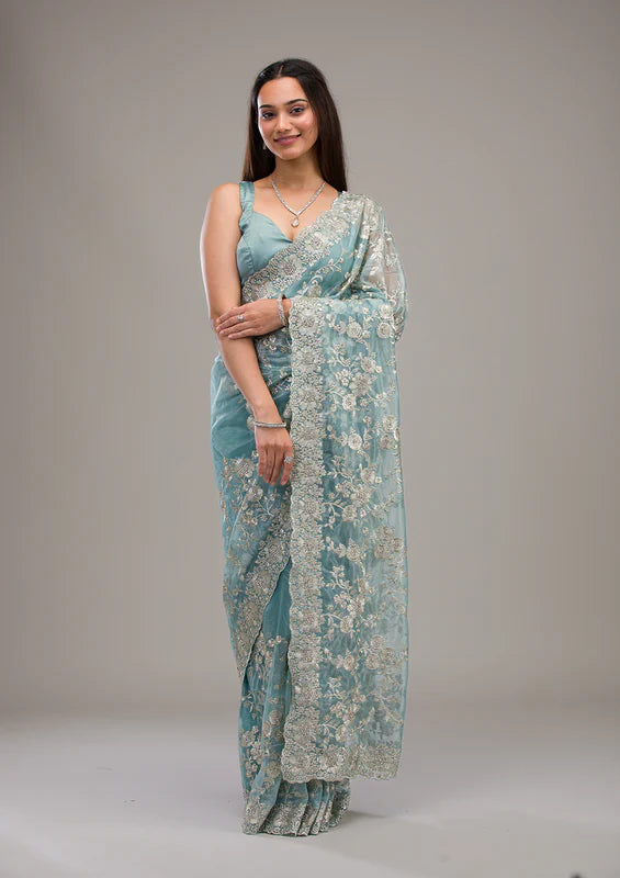 Turquoise Blue Tissue Silver Zariwork Saree With Matching Blouse Piece