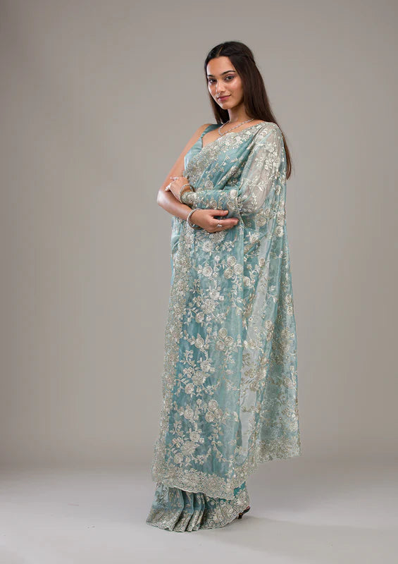 Turquoise Blue Tissue Silver Zariwork Saree With Matching Blouse Piece