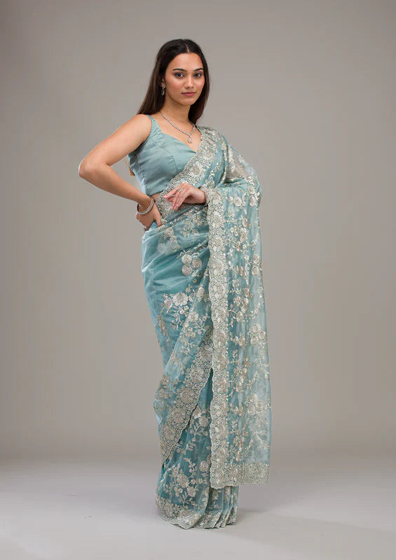 Turquoise Blue Tissue Silver Zariwork Saree With Matching Blouse Piece