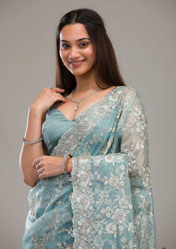 Turquoise Blue Tissue Silver Zariwork Saree With Matching Blouse Piece