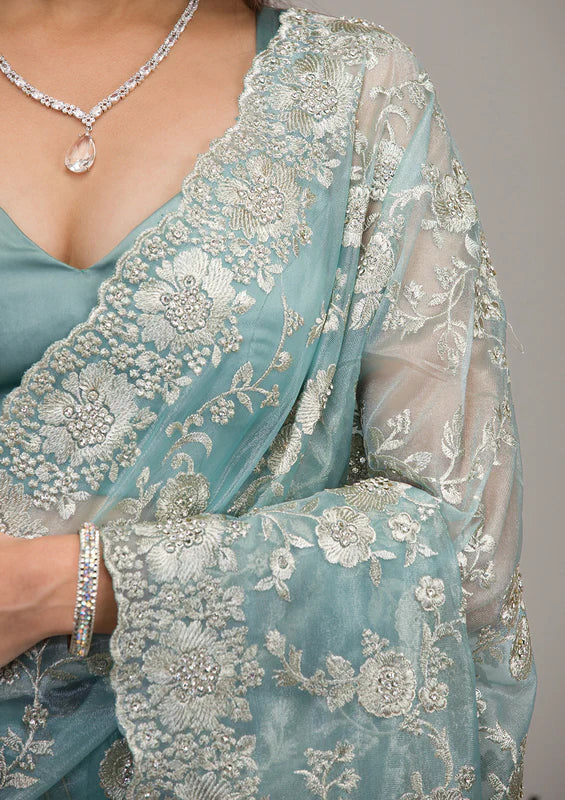 Turquoise Blue Tissue Silver Zariwork Saree With Matching Blouse Piece