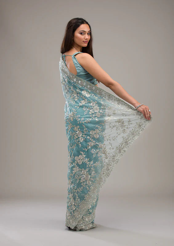 Turquoise Blue Tissue Silver Zariwork Saree With Matching Blouse Piece