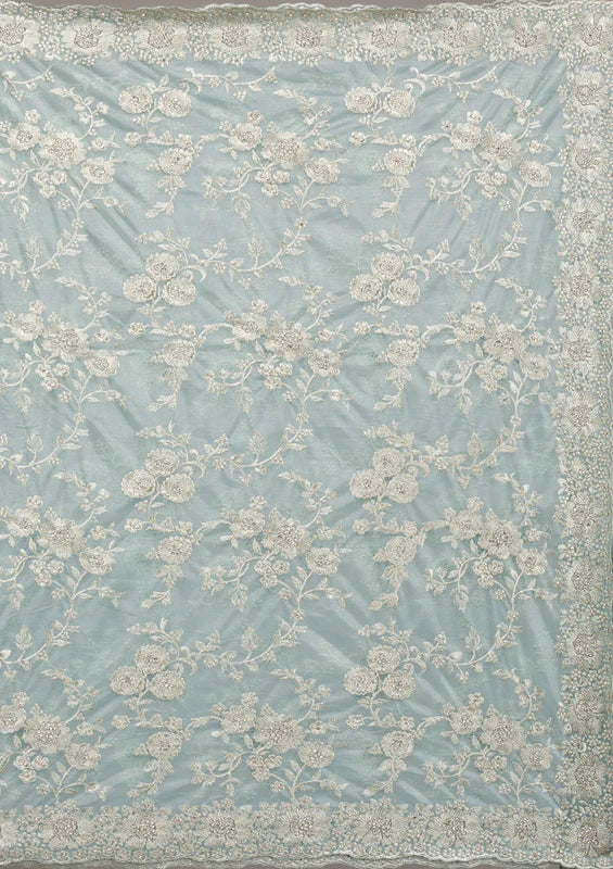 Turquoise Blue Tissue Silver Zariwork Saree With Matching Blouse Piece