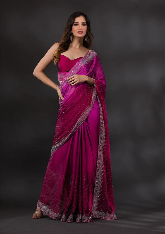 Wine Satin Silver Stonework Saree With Matching Blouse Piece
