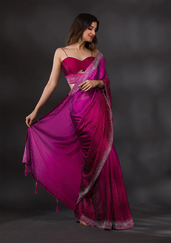 Wine Satin Silver Stonework Saree With Matching Blouse Piece