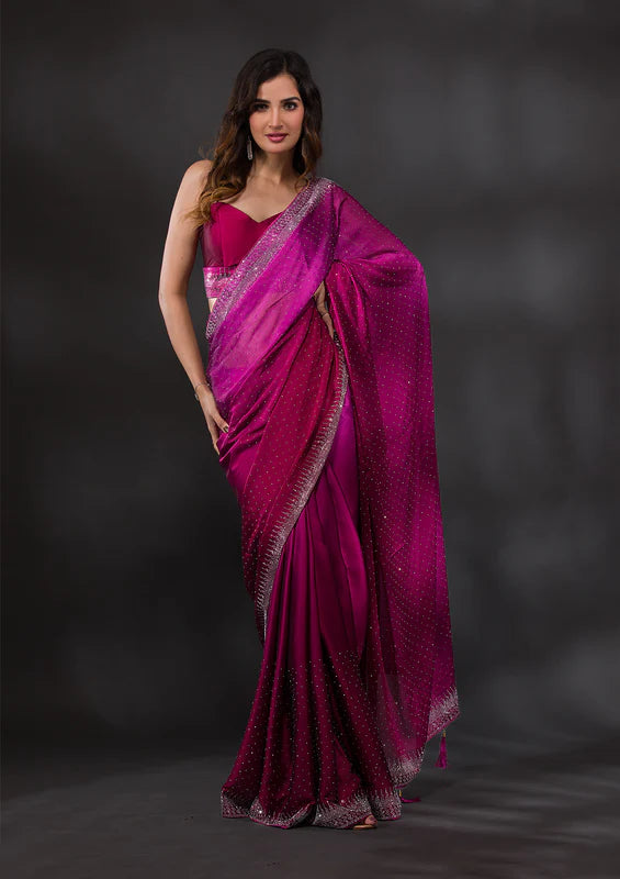 Wine Satin Silver Stonework Saree With Matching Blouse Piece