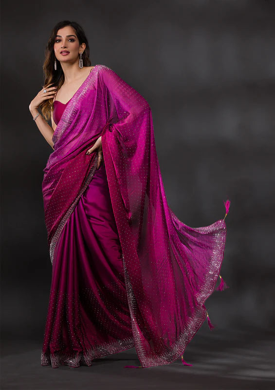 Wine Satin Silver Stonework Saree With Matching Blouse Piece