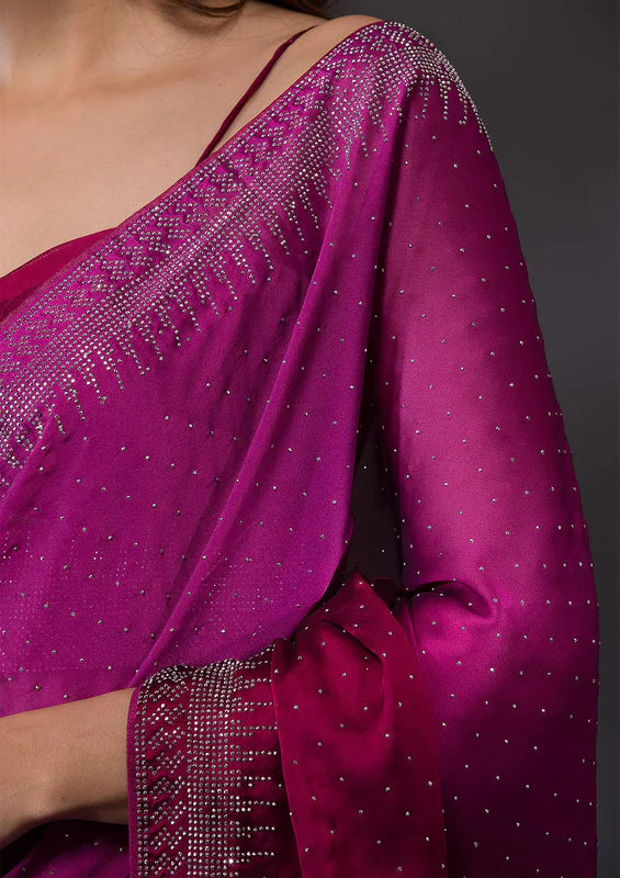 Wine Satin Silver Stonework Saree With Matching Blouse Piece