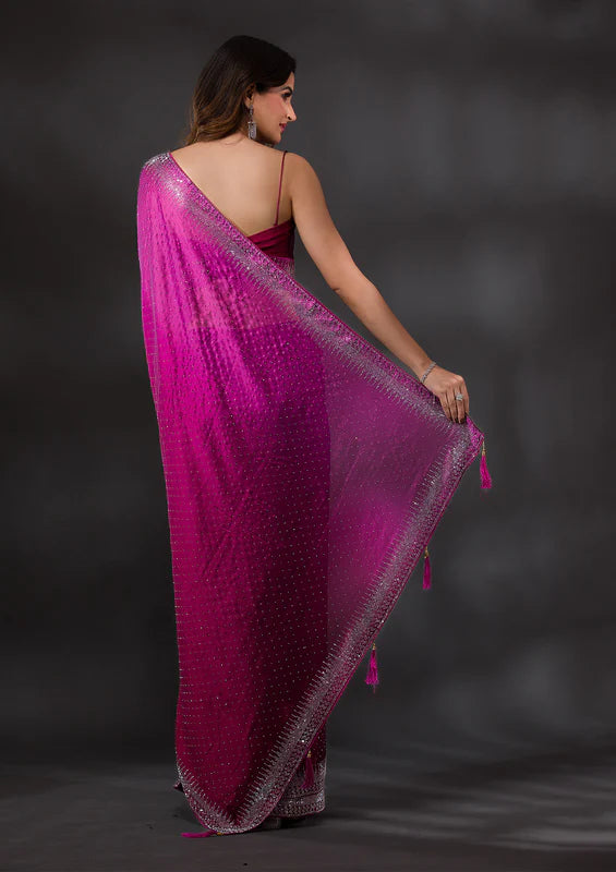 Wine Satin Silver Stonework Saree With Matching Blouse Piece