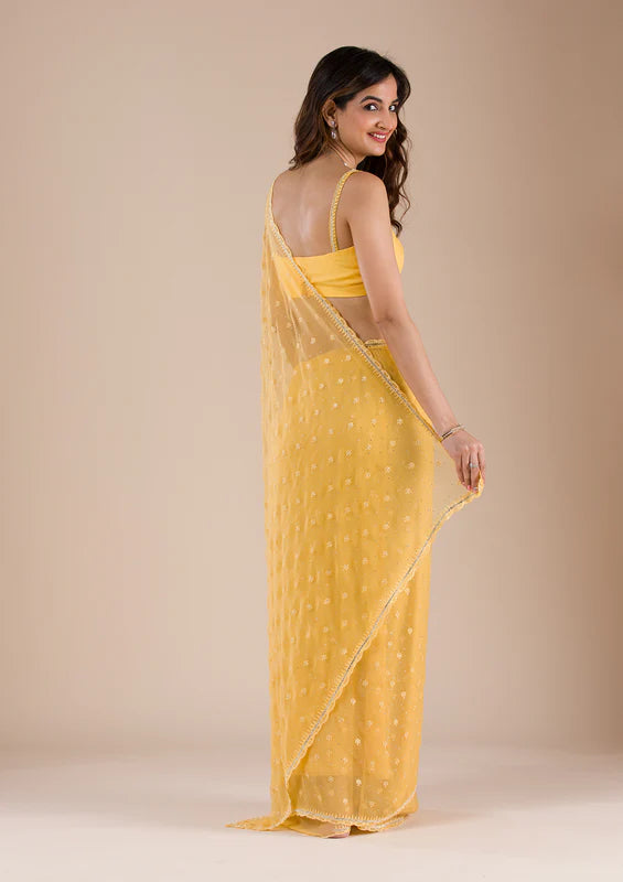 Mustard Chiffon Threadwork Saree With Matching Blouse Piece