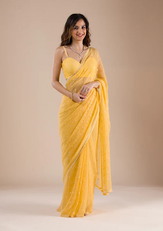 Mustard Chiffon Threadwork Saree With Matching Blouse Piece