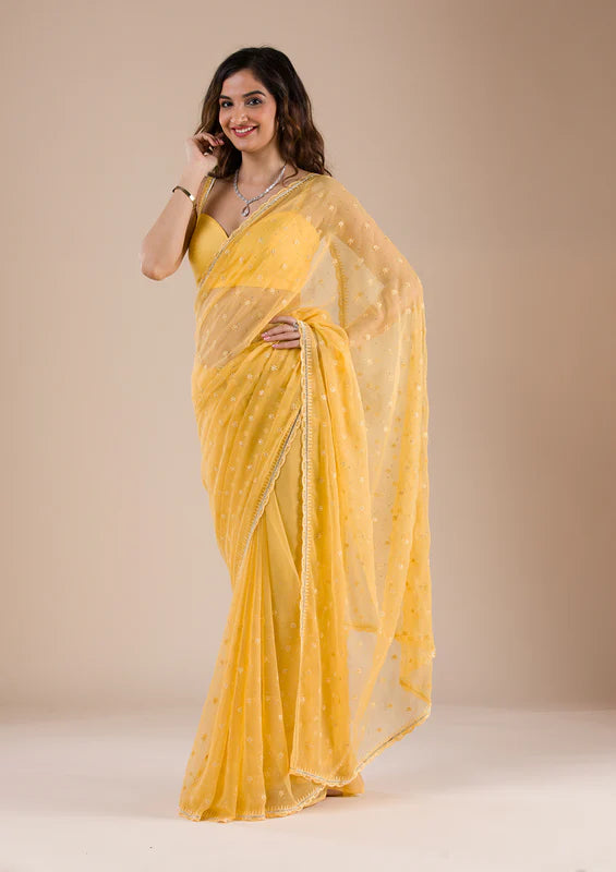 Mustard Chiffon Threadwork Saree With Matching Blouse Piece
