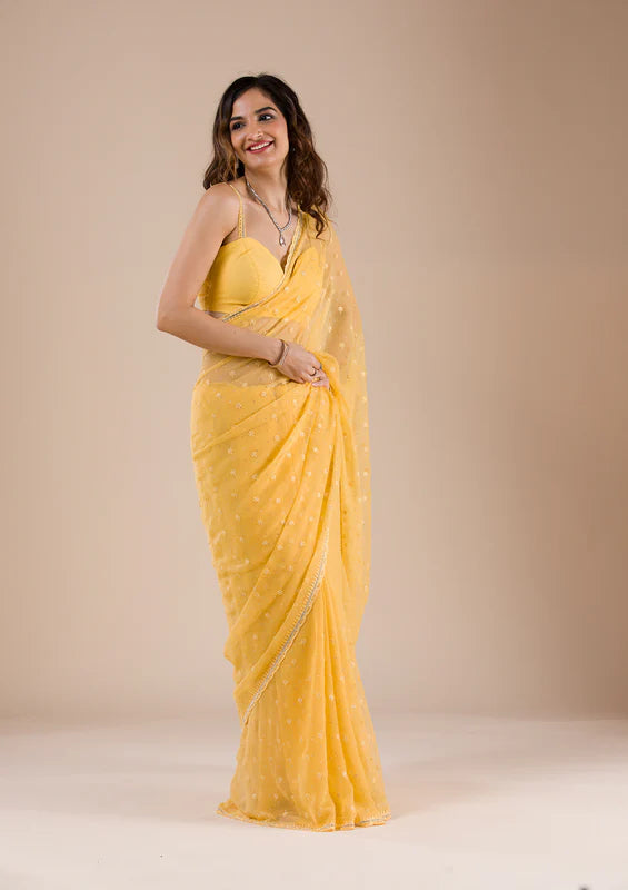 Mustard Chiffon Threadwork Saree With Matching Blouse Piece