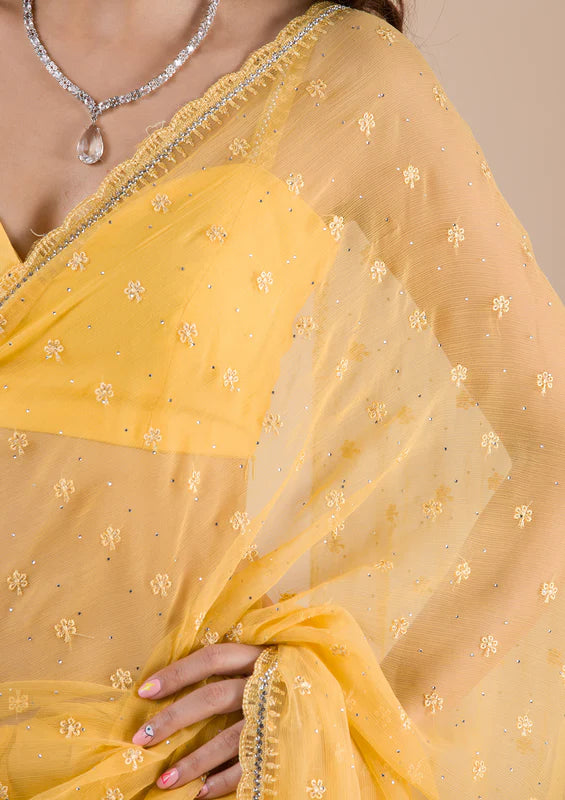 Mustard Chiffon Threadwork Saree With Matching Blouse Piece