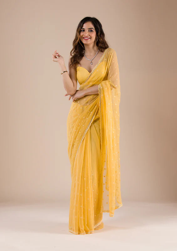 Mustard Chiffon Threadwork Saree With Matching Blouse Piece
